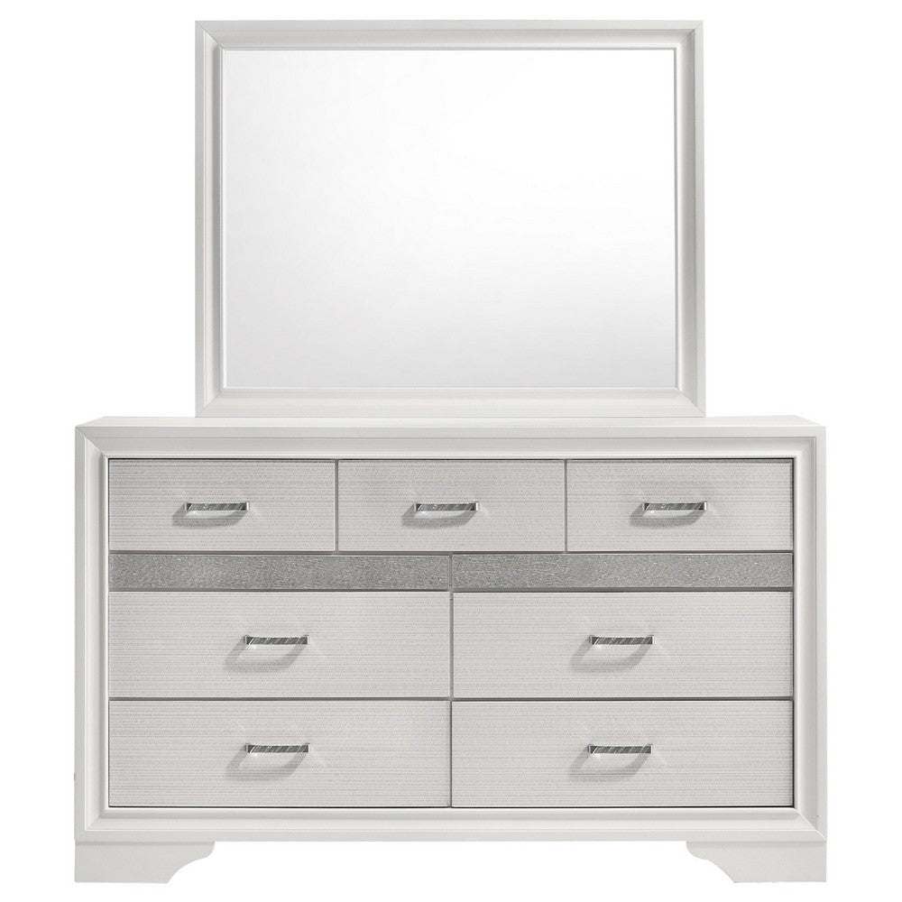 Vino Wide Dresser with Mirror | 7 Drawer Modern White | Chrome Accent BM340003