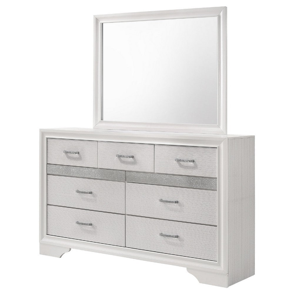 Vino Wide Dresser with Mirror | 7 Drawer Modern White | Chrome Accent BM340003