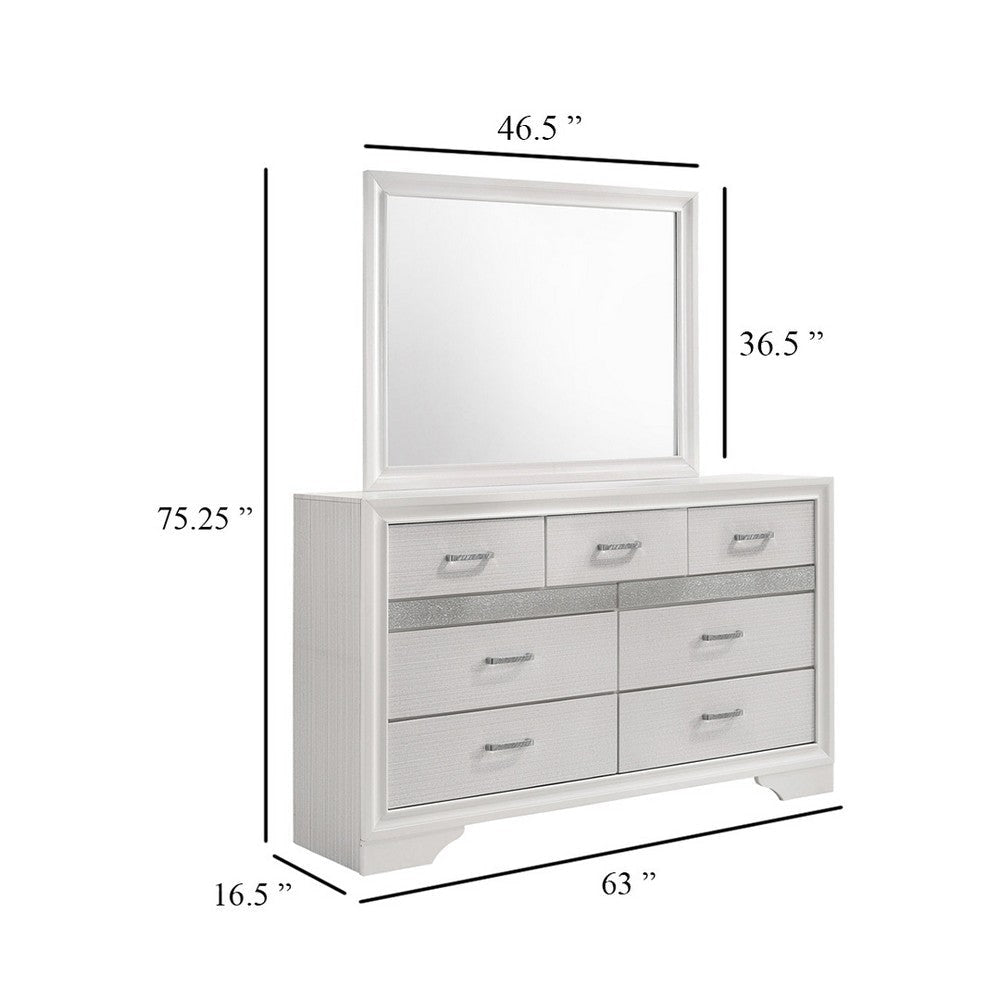 Vino Wide Dresser with Mirror | 7 Drawer Modern White | Chrome Accent BM340003