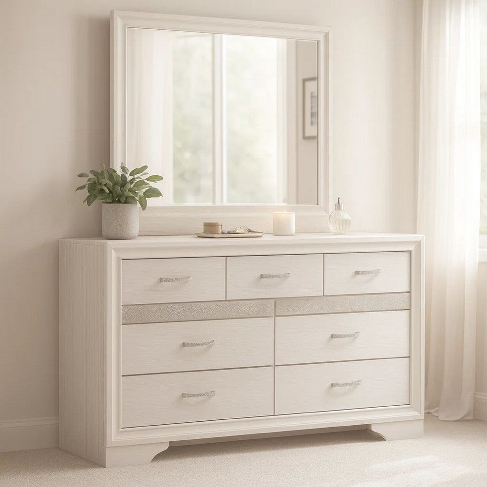Vino Wide Dresser with Mirror | 7 Drawer Modern White | Chrome Accent