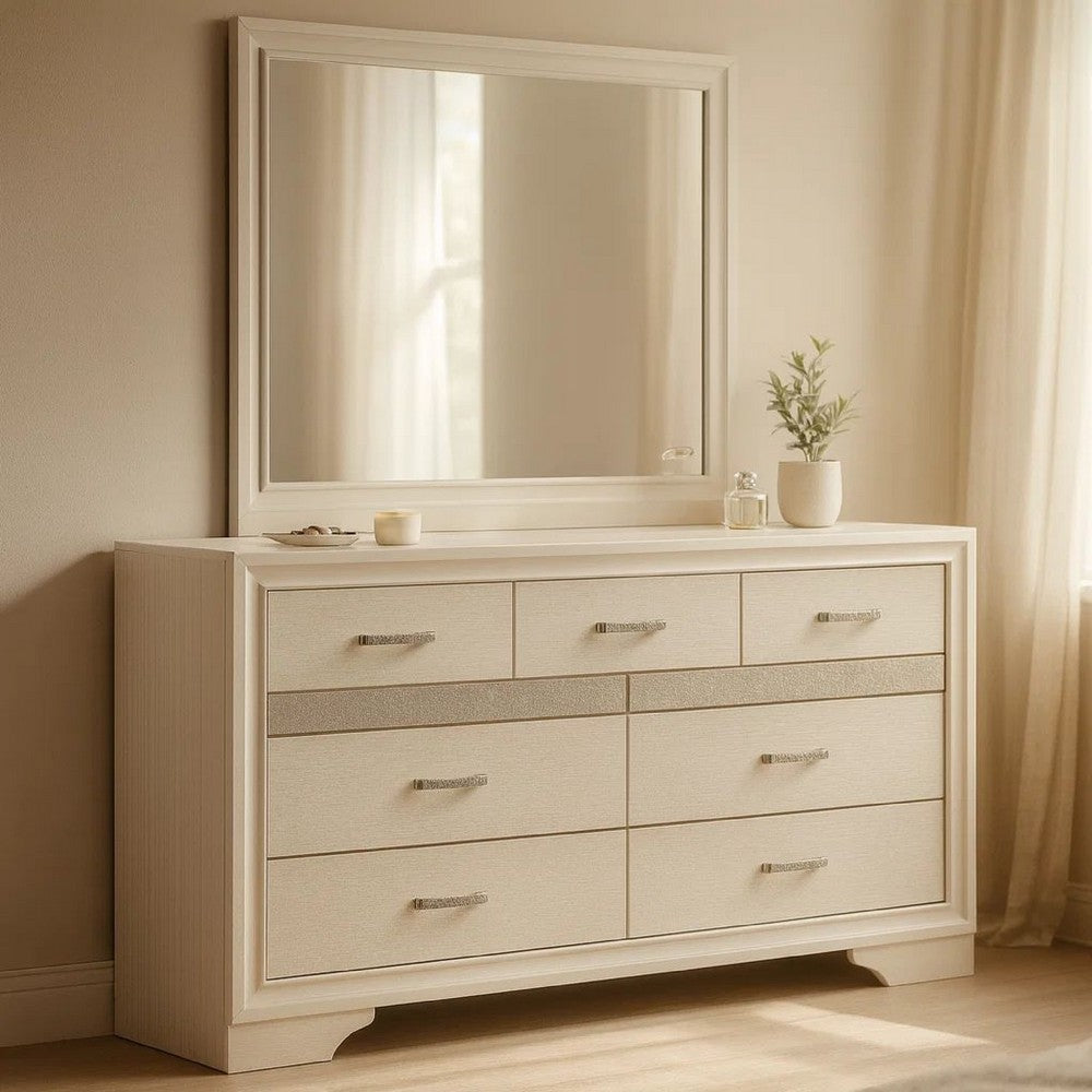 Vino Wide Dresser with Mirror | 7 Drawer Modern White | Chrome Accent