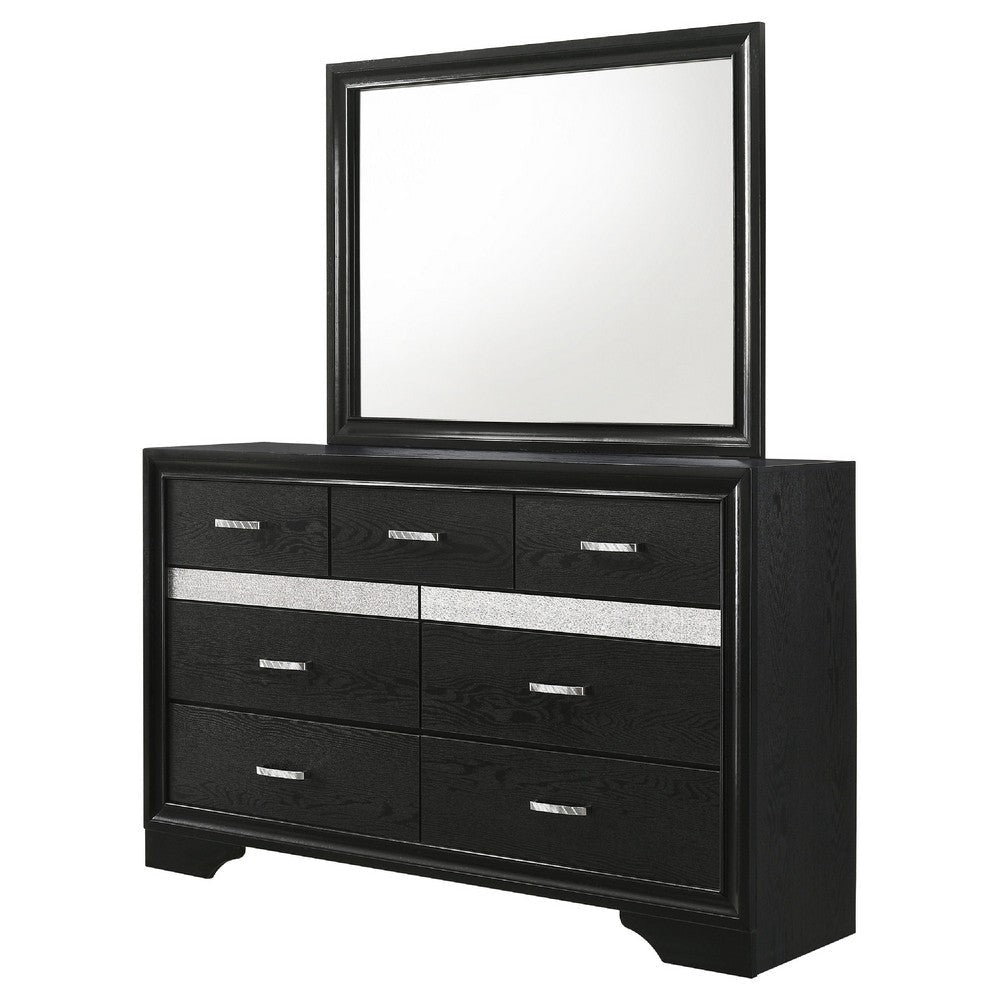 Vino Wide Dresser with Mirror | 7 Drawer Modern Black | Chrome Accent BM340004