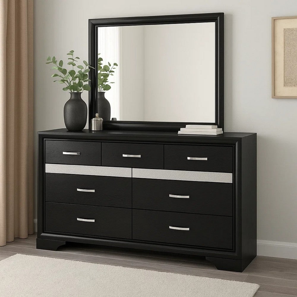 Vino Wide Dresser with Mirror | 7 Drawer Modern Black | Chrome Accent BM340004