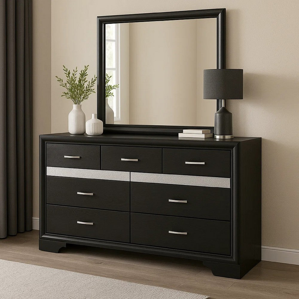 Vino Wide Dresser with Mirror | 7 Drawer Modern Black | Chrome Accent