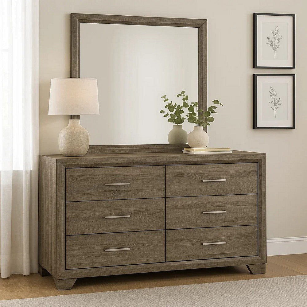 Reay Wide Dresser and Mirror with Mitered Trim | Brown Oak Wood BM340005