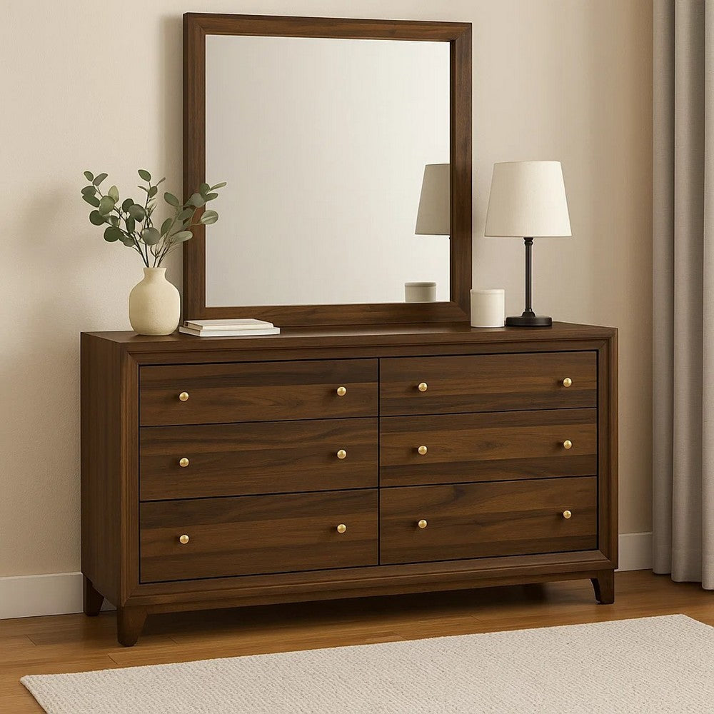 Yels Wide Dresser with Matching Mirror | 6 Drawers | Walnut Brown Wood BM340006
