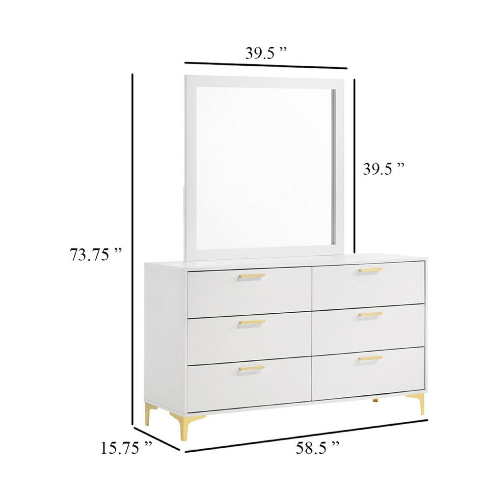 Dle Wide Dresser with Mirror | Gold Bracket Legs | Modern White Finish