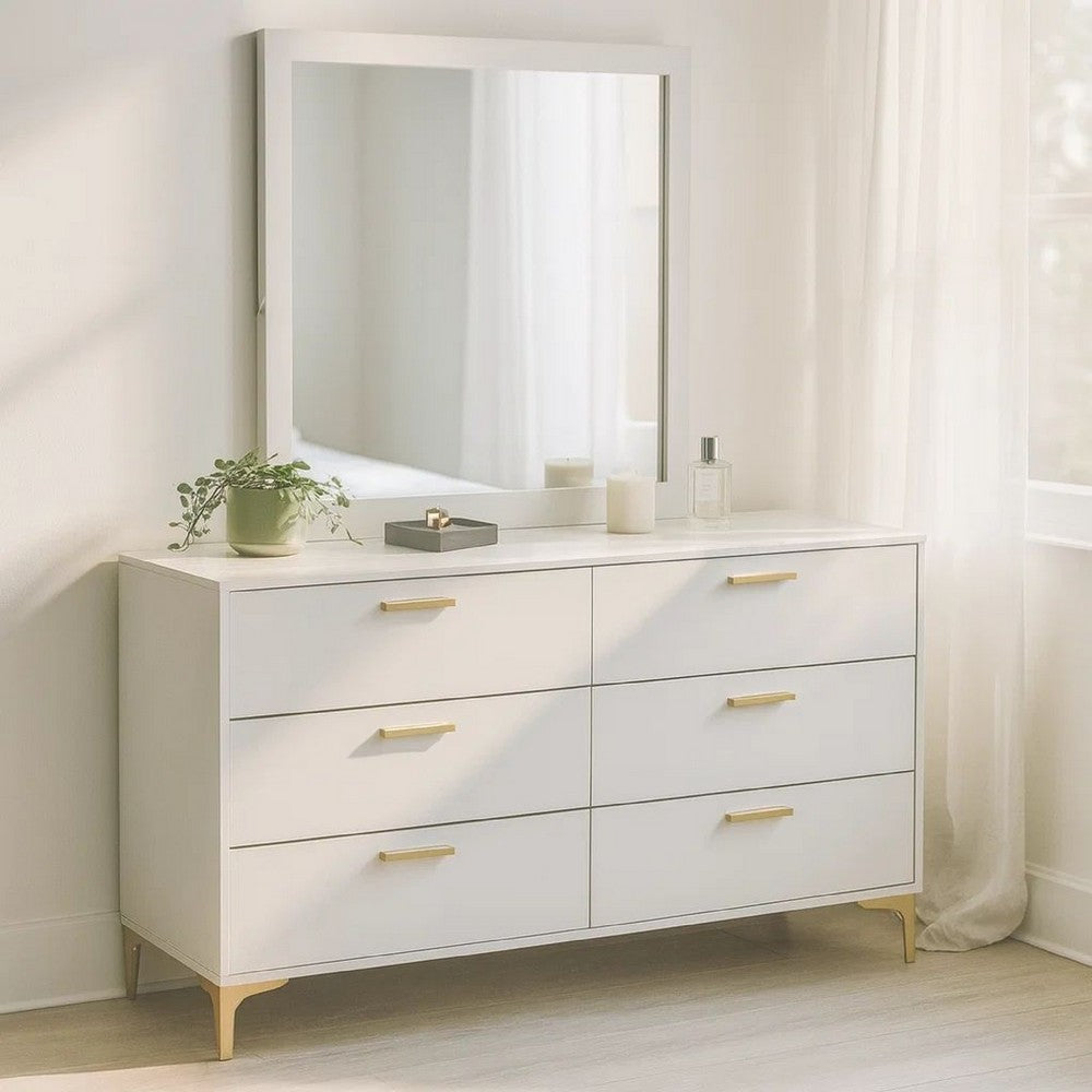 Dle Wide Dresser with Mirror | Gold Bracket Legs | Modern White Finish