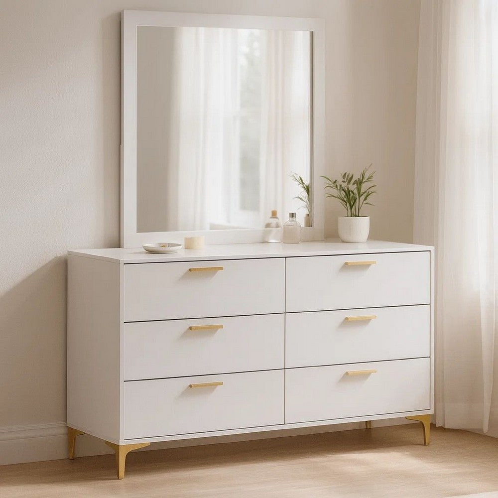 Dle Wide Dresser with Mirror | Gold Bracket Legs | Modern White Finish