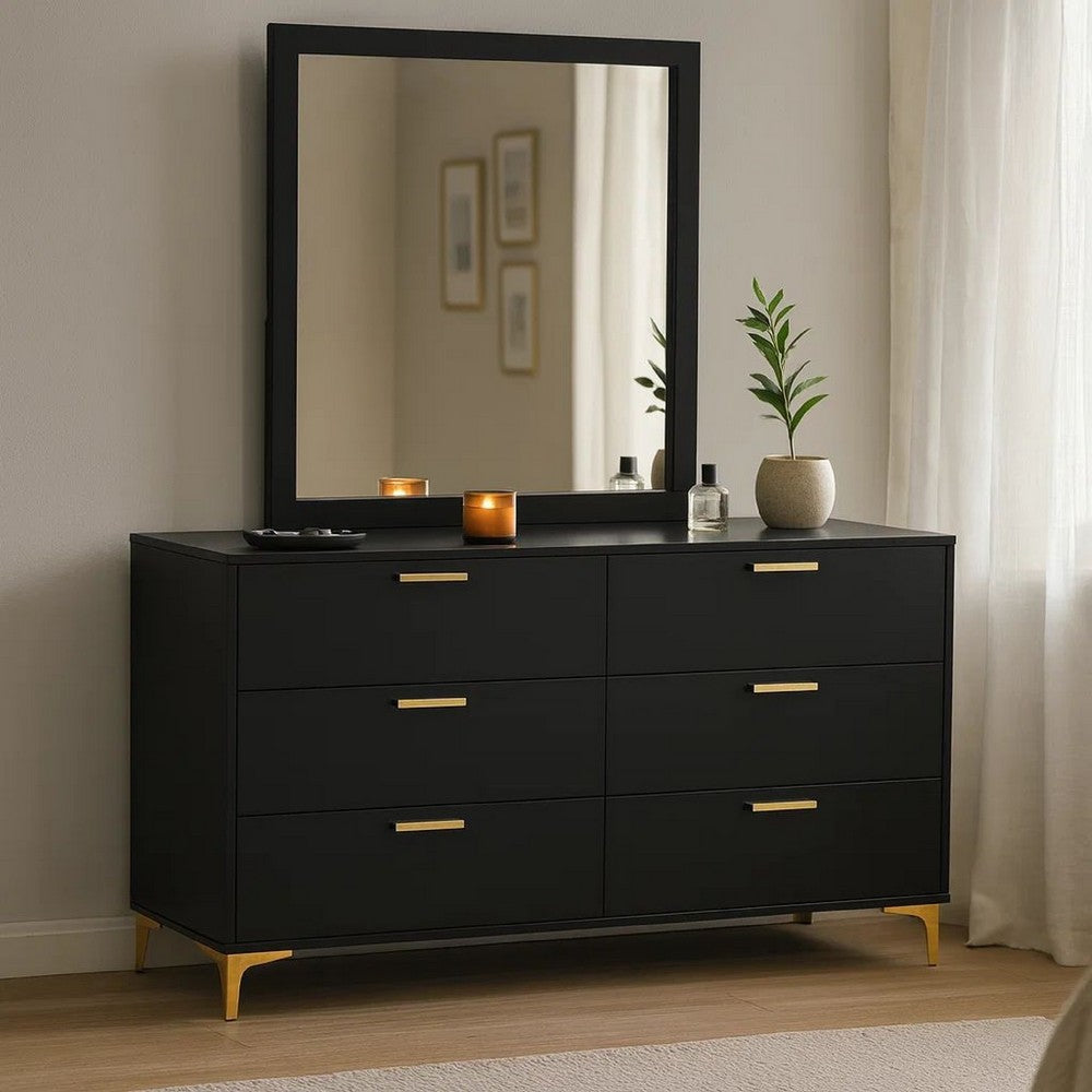 Dle Wide Dresser with Mirror | Gold Bracket Legs | Modern Black Finish