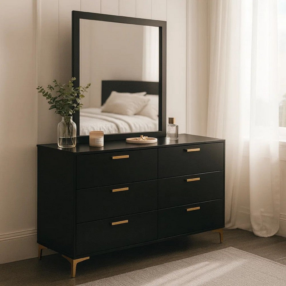 Dle Wide Dresser with Mirror | Gold Bracket Legs | Modern Black Finish