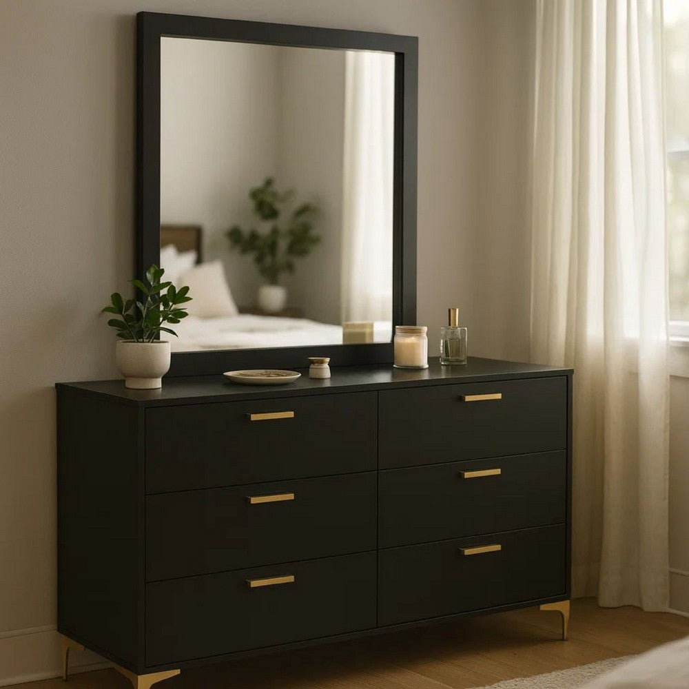 Dle Wide Dresser with Mirror | Gold Bracket Legs | Modern Black Finish