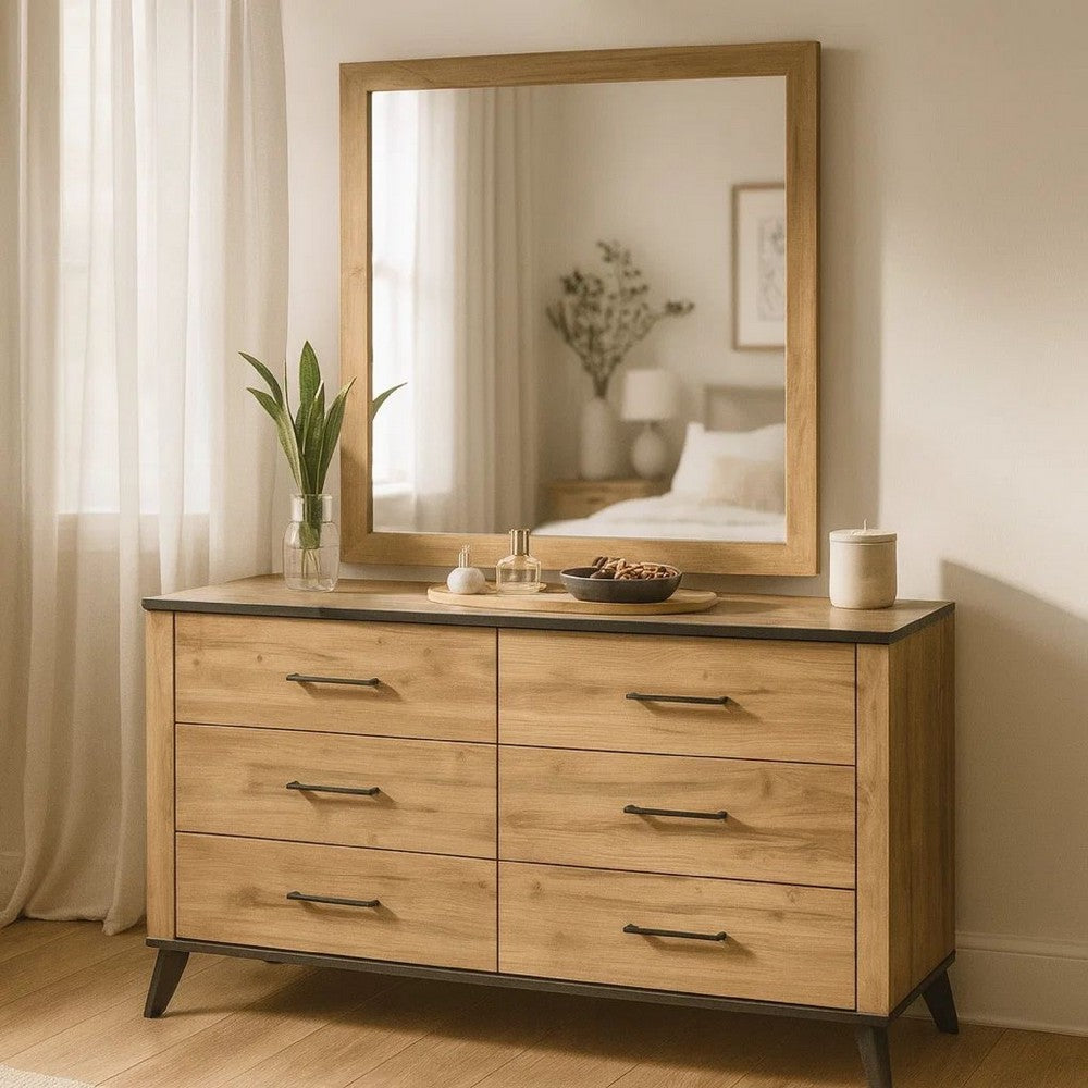 Wemy Wide Dresser with Matching Mirror | 6 Drawers | Brown Wood
