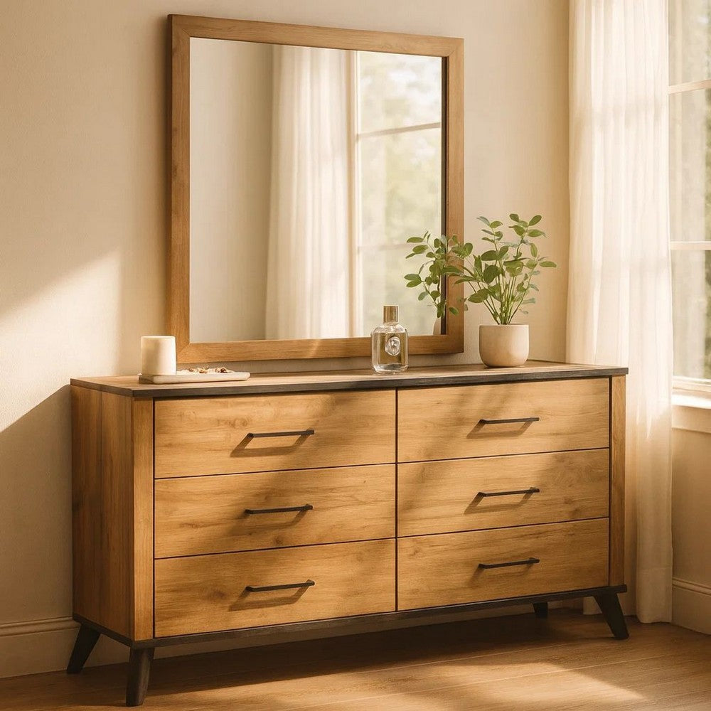 Wemy Wide Dresser with Matching Mirror | 6 Drawers | Brown Wood