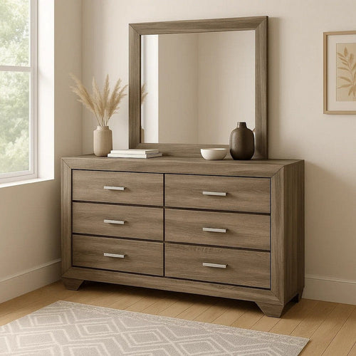 Bello Wide Dresser and Matching Mirror | 6 Drawers | Washed Taupe Wood