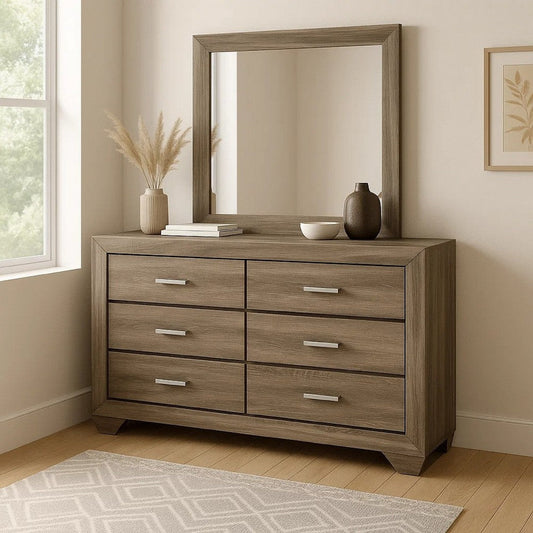 Bello Wide Dresser and Matching Mirror | 6 Drawers | Washed Taupe Wood