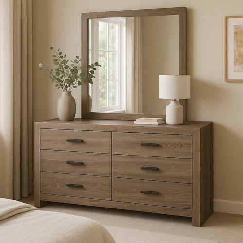 Sili Wide Dresser and Rectangular Mirror | 6 Drawer | Barrel Oak Brown