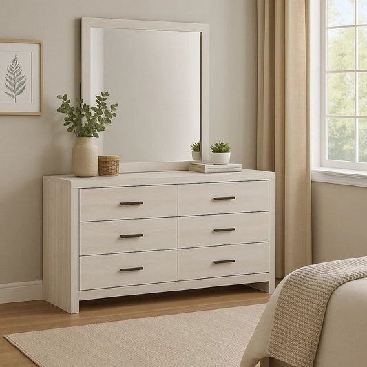 Sili Wide Dresser and Rectangular Mirror | 6 Drawer | Ivory White Wood