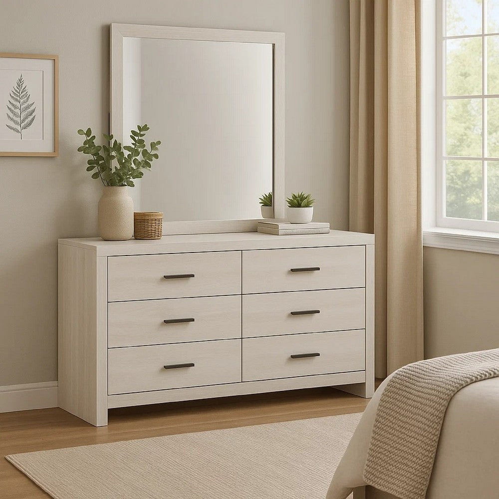 Sili Wide Dresser and Rectangular Mirror | 6 Drawer | Ivory White Wood