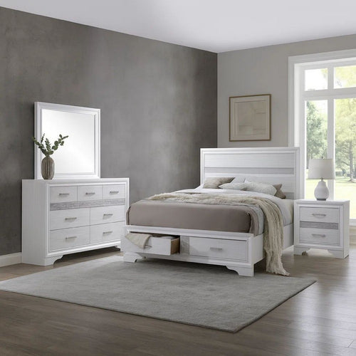 Vino White 4 Piece Queen Bed Set w Storage | Dressers | Glitter Accent