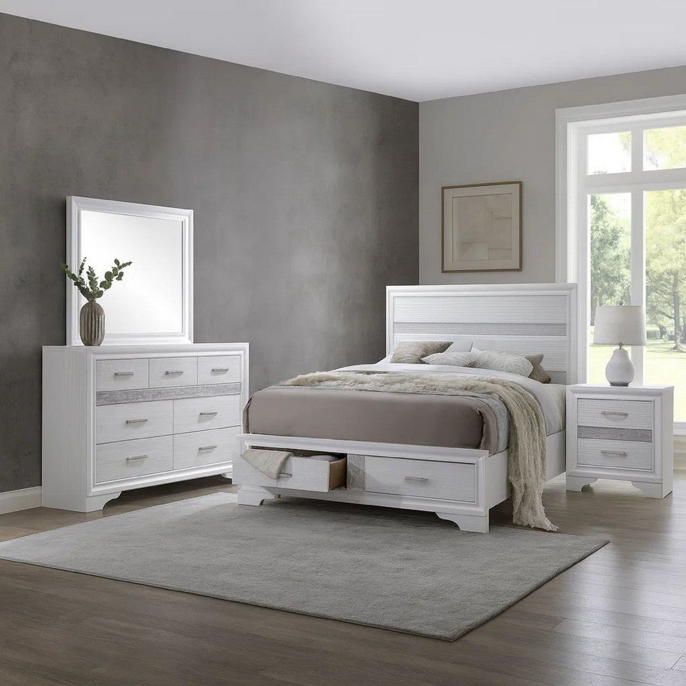 Vino White 4 Piece Queen Bed Set w Storage | Dressers | Glitter Accent