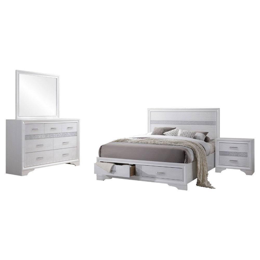Vino White 4 Piece Queen Bed Set w Storage | Dressers | Glitter Accent