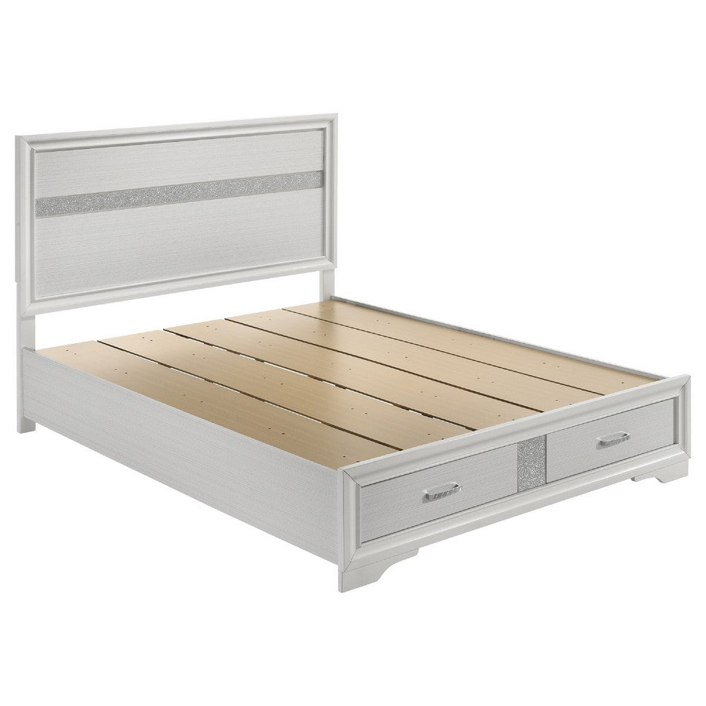 Vino White 5 Piece Queen Bed Set w Storage | Dressers | Glitter Accent