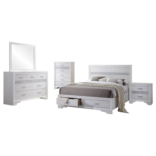 Vino White 5 Piece Queen Bed Set w Storage | Dressers | Glitter Accent