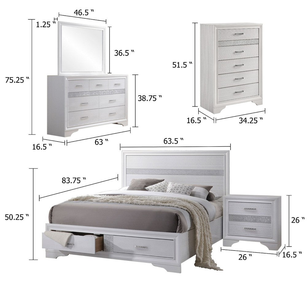 Vino White 5 Piece Queen Bed Set w Storage | Dressers | Glitter Accent