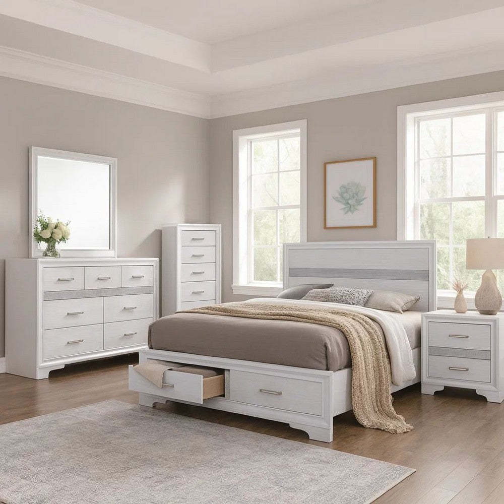 Vino White 5 Piece Queen Bed Set w Storage | Dressers | Glitter Accent