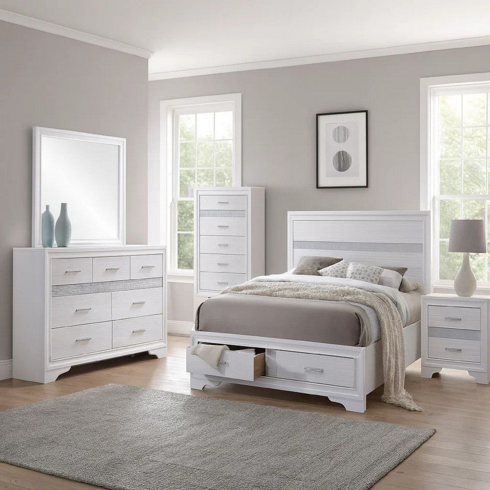 Vino White 5 Piece Queen Bed Set w Storage | Dressers | Glitter Accent
