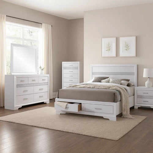 Vino White 5 Piece Queen Bed Set w Storage | Dressers | Glitter Accent