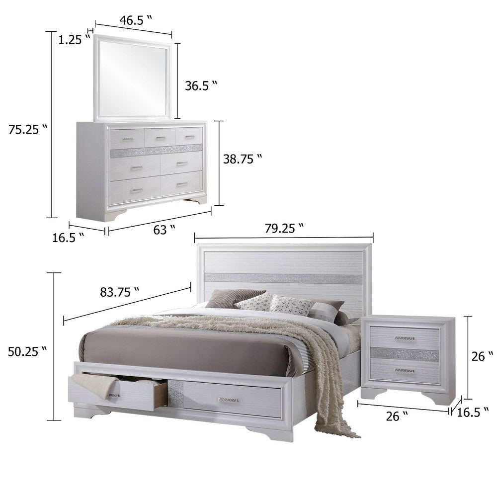 Vino White 4pc King Size Bed Set w Storage | Dressers | Glitter Accent