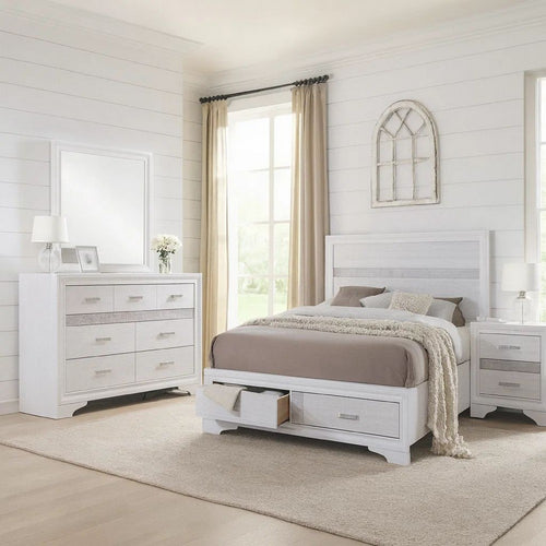 Vino White 4pc King Size Bed Set w Storage | Dressers | Glitter Accent