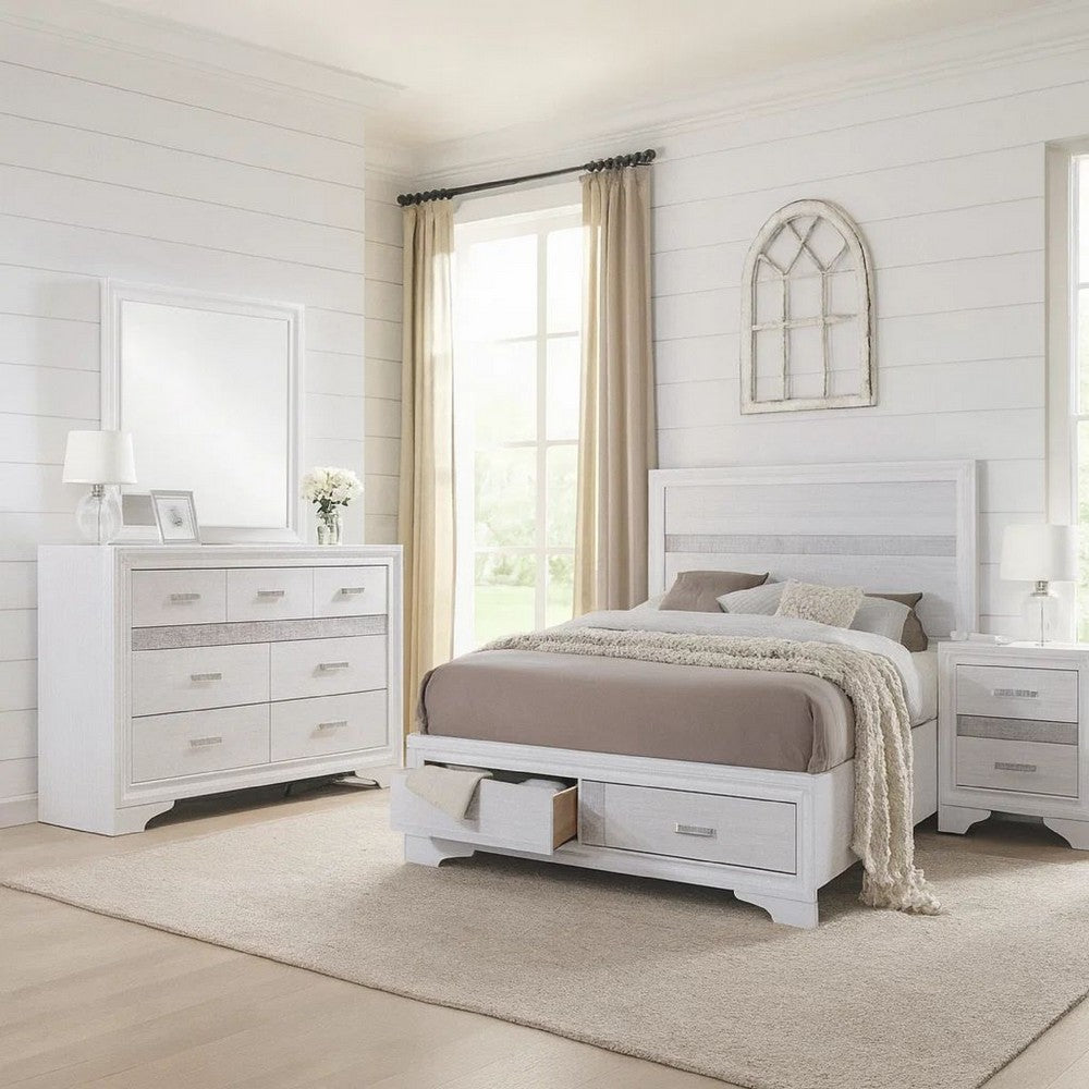 Vino White 4pc King Size Bed Set w Storage | Dressers | Glitter Accent