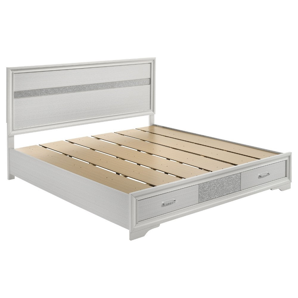 Vino White 5pc King Size Bed Set w Storage | Dressers | Glitter Accent