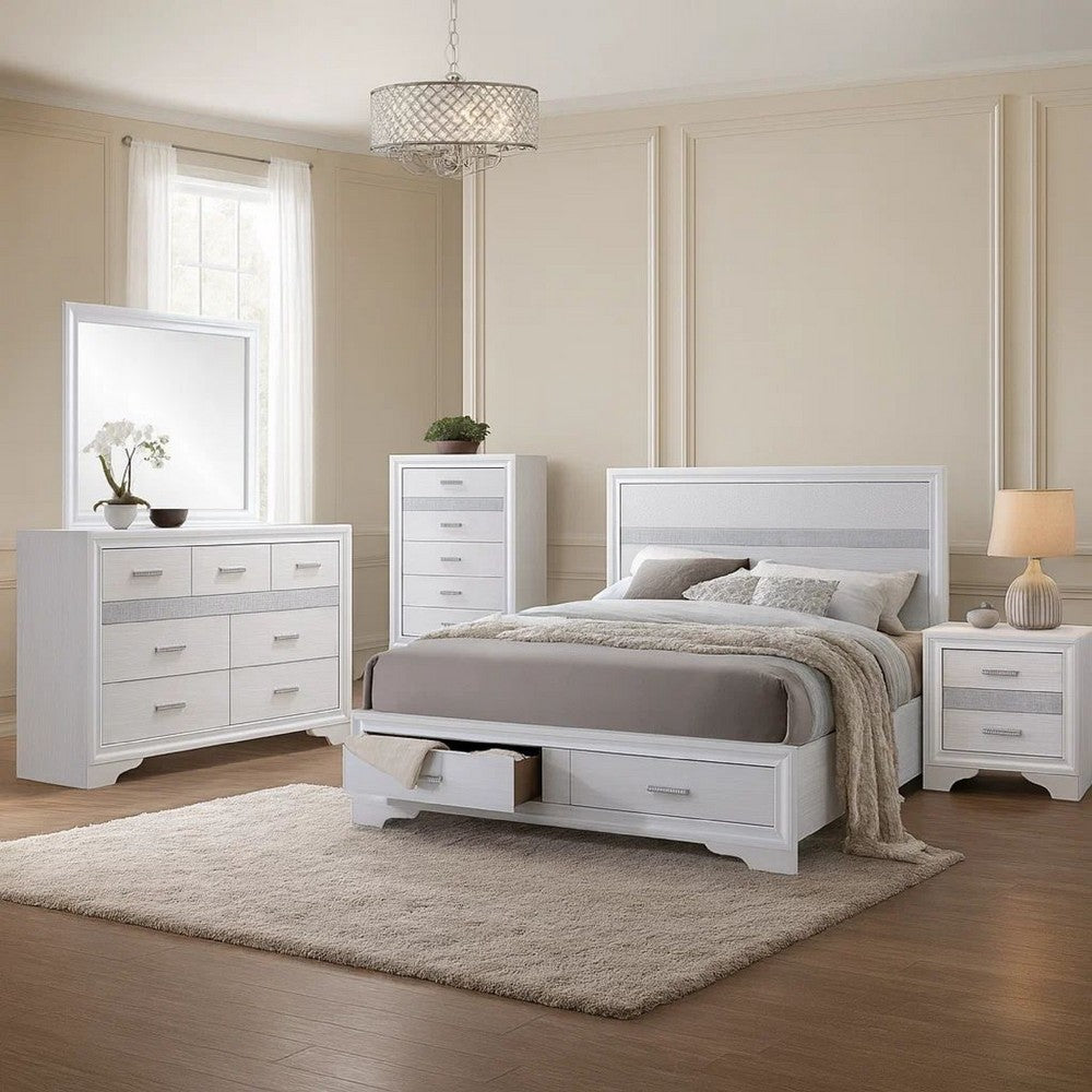 Vino White 5pc King Size Bed Set w Storage | Dressers | Glitter Accent