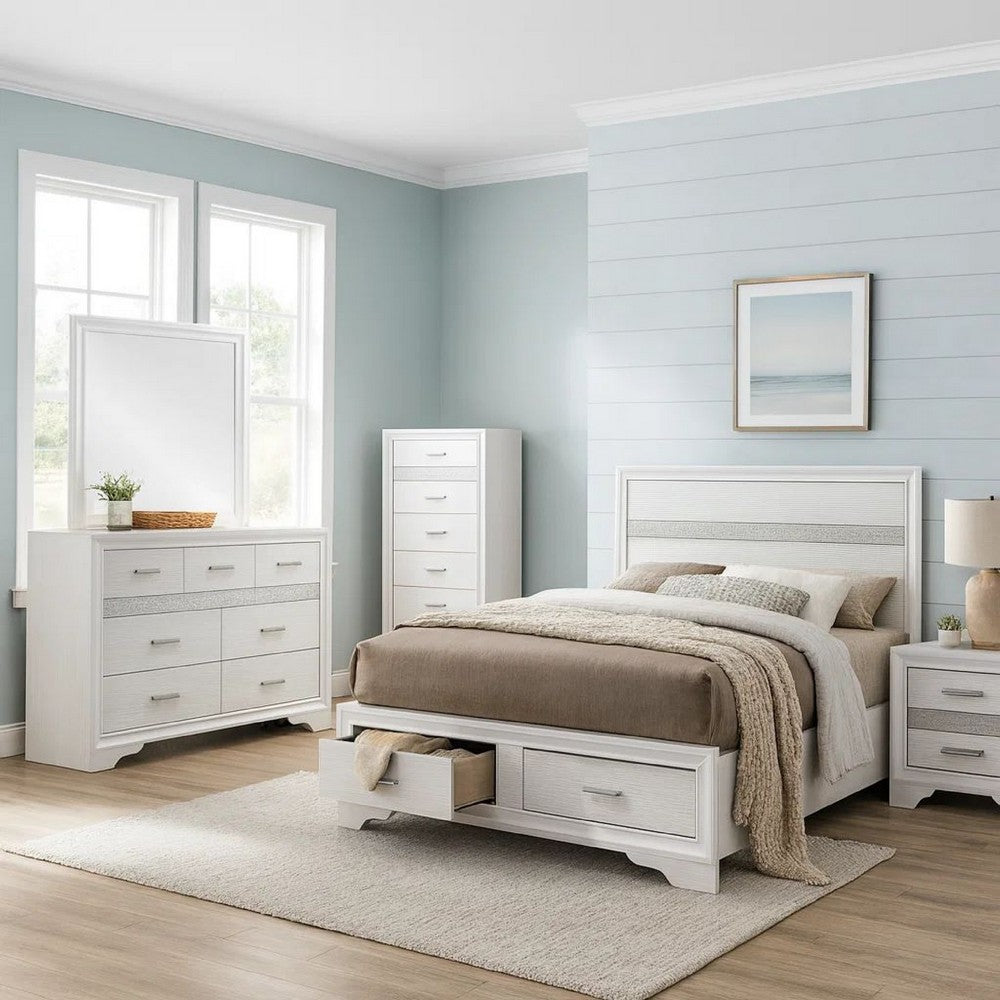 Vino White 5pc King Size Bed Set w Storage | Dressers | Glitter Accent