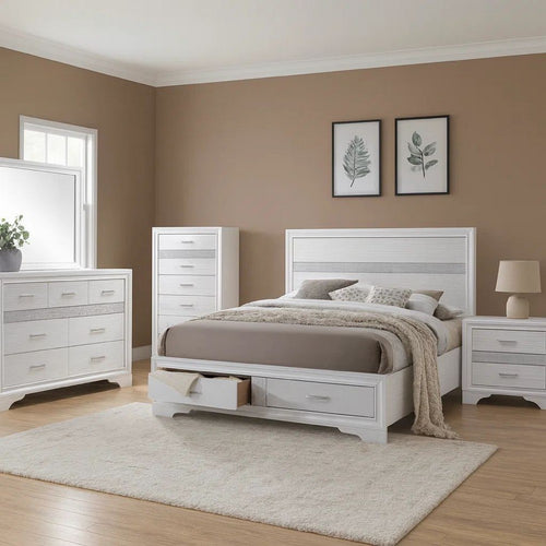 Vino White 5pc King Size Bed Set w Storage | Dressers | Glitter Accent