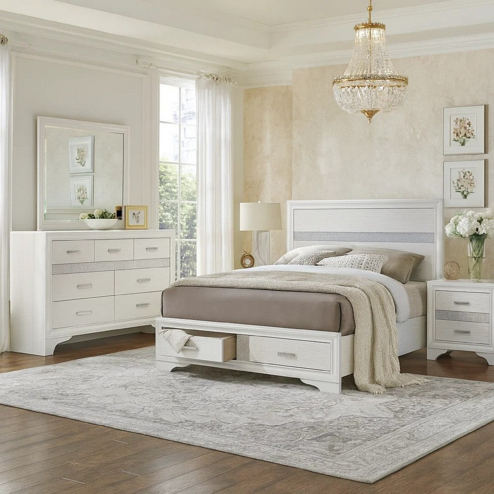 Vino White 4pc California King Bed Set w Dressers | Glitter Accent