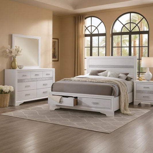 Vino White 4pc California King Bed Set w Dressers | Glitter Accent