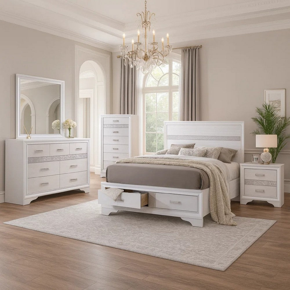 Vino White 5pc California King Bed Set w Dressers | Glitter Accent