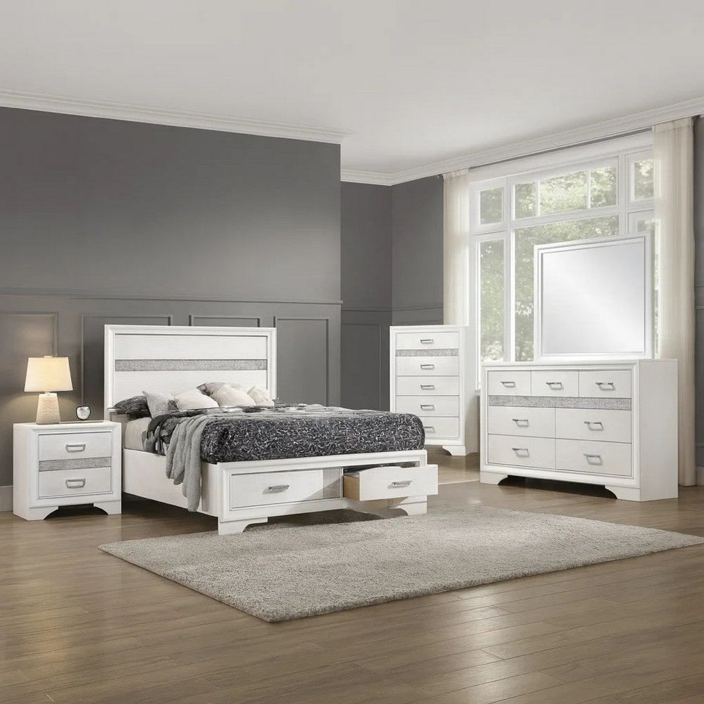 Vino White 5pc Full Size Bed Set w Storage | Dressers | Glitter Accent