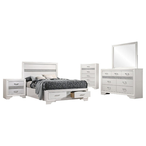 Vino White 5pc Full Size Bed Set w Storage | Dressers | Glitter Accent
