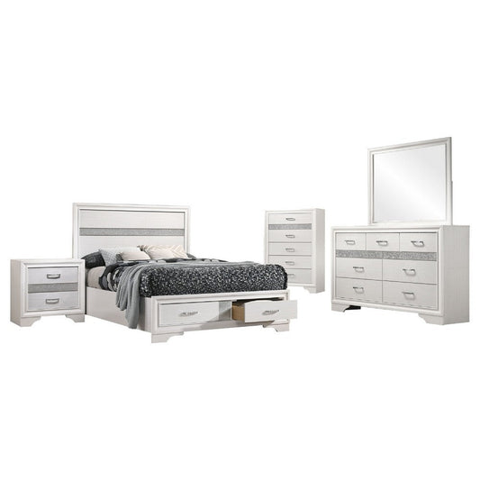 Vino White 5pc Full Size Bed Set w Storage | Dressers | Glitter Accent