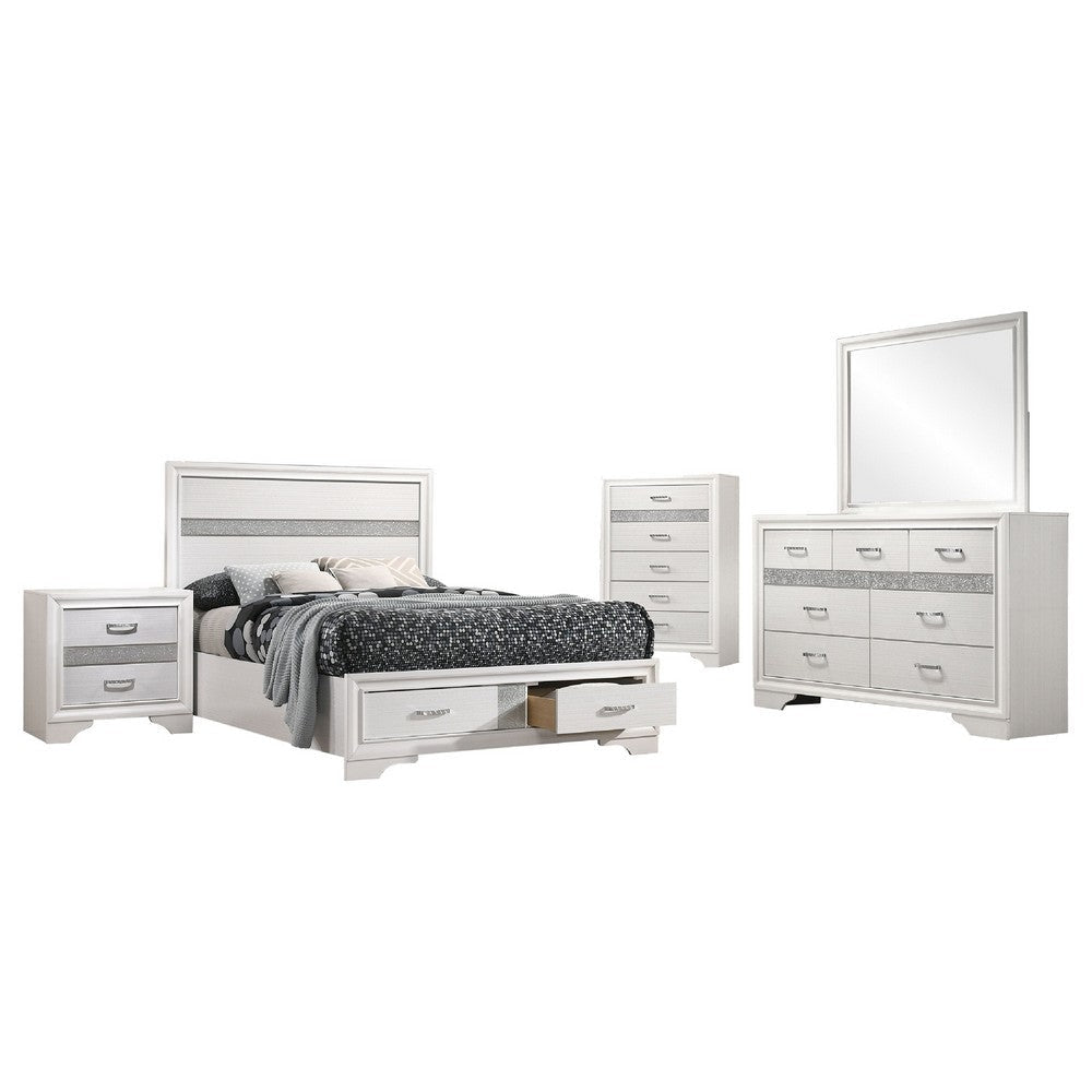 Vino White 5pc Full Size Bed Set w Storage | Dressers | Glitter Accent
