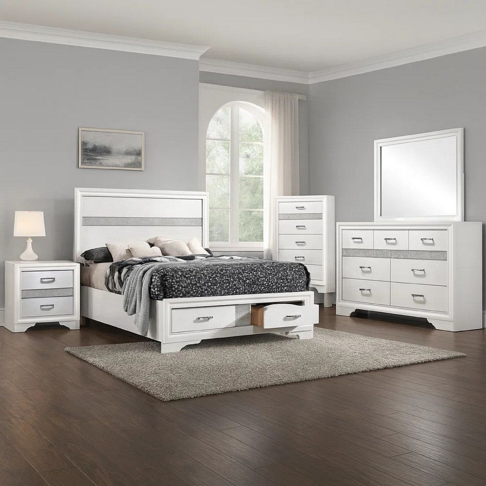 Vino White 5pc Full Size Bed Set w Storage | Dressers | Glitter Accent