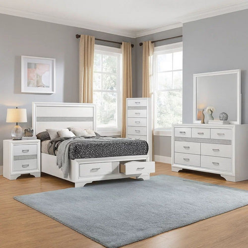 Vino White 5pc Full Size Bed Set w Storage | Dressers | Glitter Accent