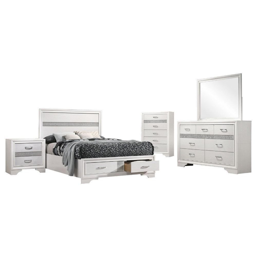 Vino White 5pc Full Size Bed Set w Storage | Dressers | Glitter Accent