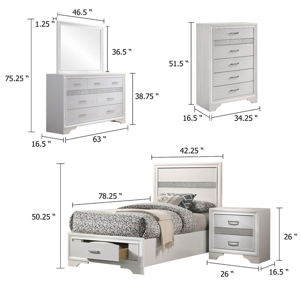 Vino White 5pc Twin Size Bed Set w Storage | Dressers | Glitter Accent